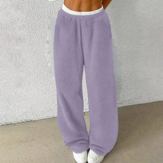Fnooota Womens Wide Leg Pants, Fleece Relaxed Fit Elastic Waist Thermal Winter Pants for Women Purple Size L