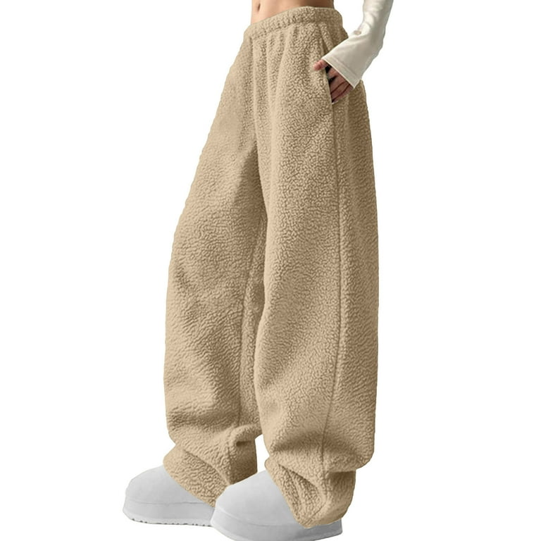 Fnooota Womens Wide Leg Pants, Fleece Relaxed Fit Elastic Waist