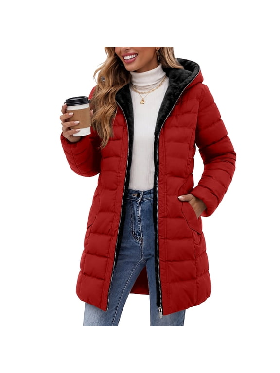 Womens Winter Coats, Fleece Lined Warm Mid-Length Full Zip Quilted Puffer Jackets with Side Pockets Red Size 2XL
