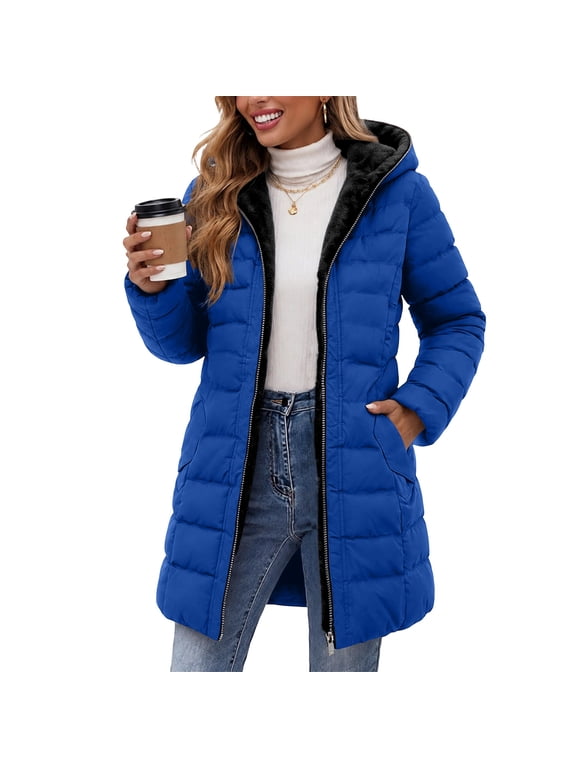 Womens Winter Coats, Full Zip Warm Fleece Lined Mid-Length Quilted Puffer Jackets with Side Pockets Blue Size 3XL