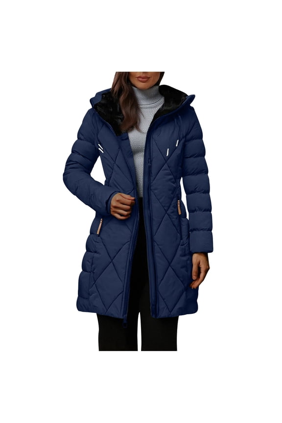 Womens Winter Coats, Thickened Cotton Padded Zip up Mid-length Winter Jackets with Hood Navy Size S-2XL