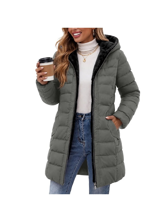 Womens Winter Coats, Warm Fleece Lined Full Zip Mid-Length Quilted Puffer Jackets with Side Pockets Gray Size XL