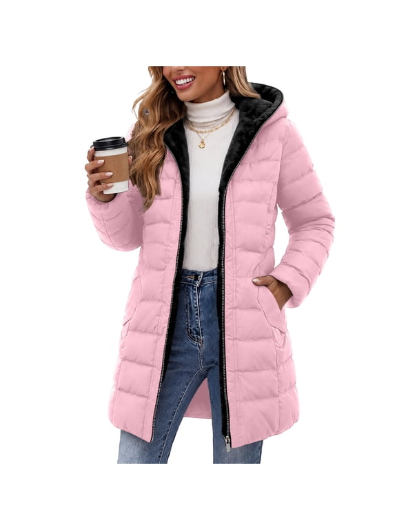 Womens Winter Coats, Warm Full Zip Mid-Length Fleece Lined Quilted Puffer Jackets with Side Pockets Pink Size M
