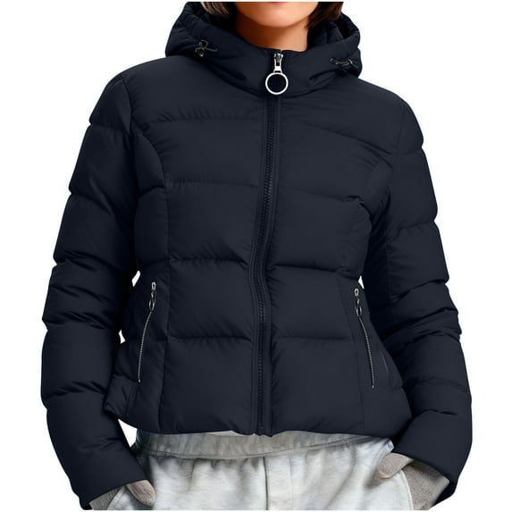 Fnooota Womens Winter Coats, Windproof Warm Long Sleeve Zip up Quilted Jackets with Hood Navy Size M
