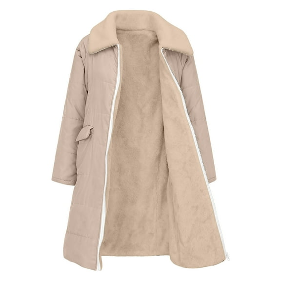 Fnooota Womens Winter Coats with Zipper, Fleece Lined Warm Long Length Lapel Collar Winter Jackets Khaki Size 2XL