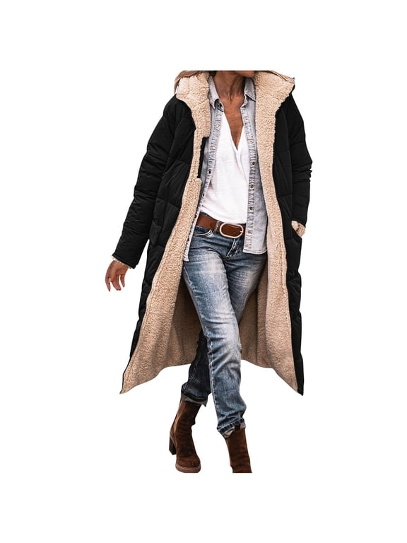 Womens Winter Coats with Zipper, Fleece Long Length Warm Hooded Winter Jackets Black Size S-3XL