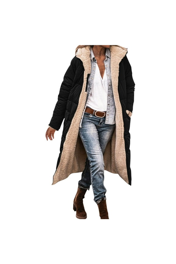 Womens Winter Coats with Zipper, Fleece Warm Hooded Long Length Winter Jackets Black Size L