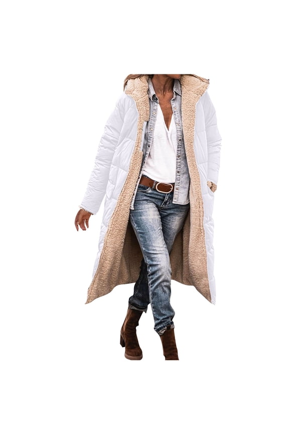 Womens Winter Coats with Zipper, Hooded Long Length Fleece Warm Winter Jackets White Size S