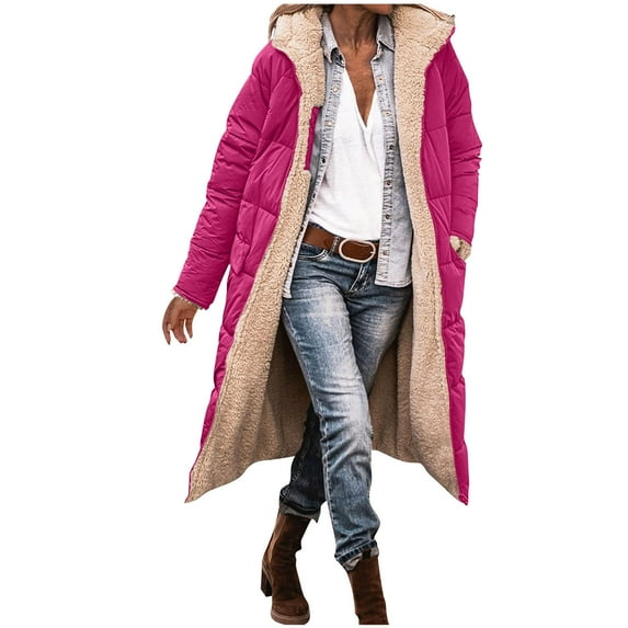 Fnooota Womens Winter Coats with Zipper, Warm Hooded Long Length Fleece Winter Jackets Hot Pink Size L