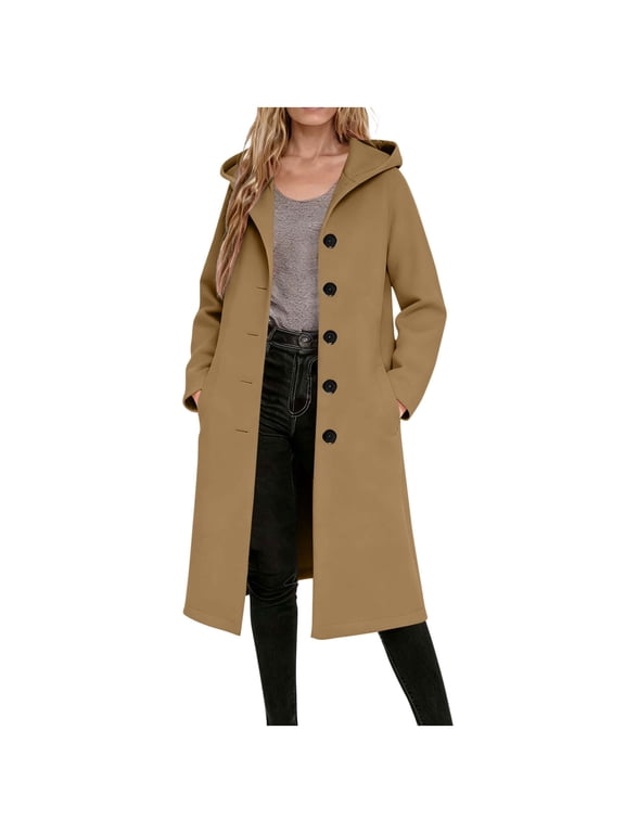 Womens Wool Blend Coats, Below the Knee Single Breasted Winter Hooded Peacoats for Women Brown Size L