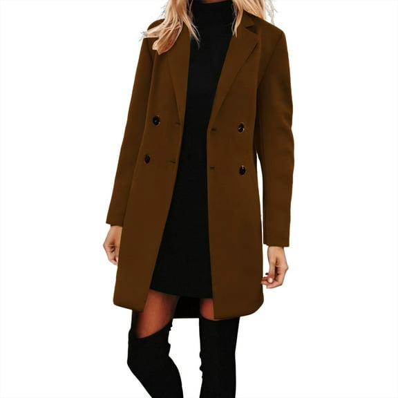 Fnooota Womens Wool Blend Coats, Double Breasted Mid-length Winter Lapel Collar Peacoats for Women Brown Size M