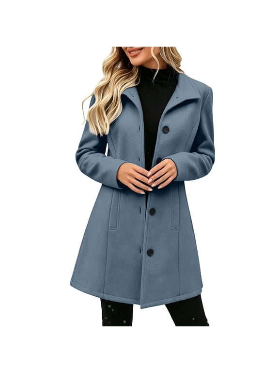 Womens Wool Blend Coats, Fashion Lapel Collar Casual Long Sleeve Mid-Length Trench Coats Navy Size S