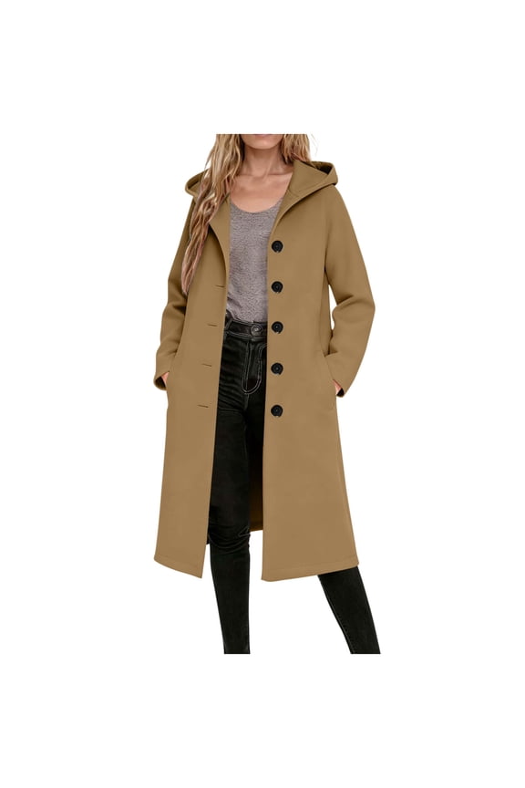 Womens Wool Blend Coats, Hooded Single Breasted Below the Knee Winter Peacoats for Women Brown Size 2XL