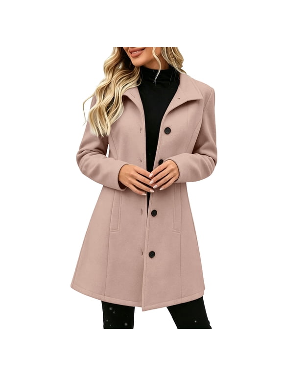 Womens Wool Blend Coats, Lapel Collar Casual Fashion Long Sleeve Mid-Length Trench Coats Gray Size L