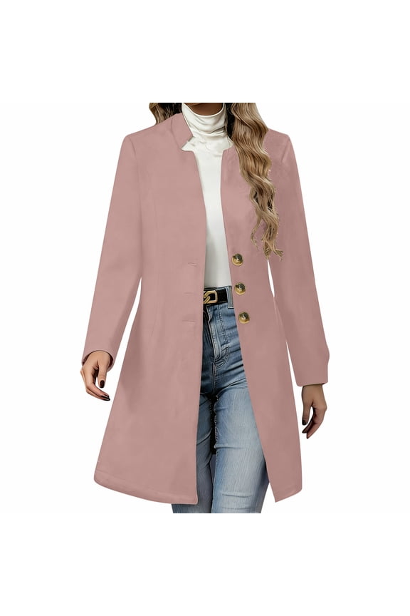 Womens Wool Coats, Single Breasted Casual Business Mid-length Woems Peacoats Pink Size XL