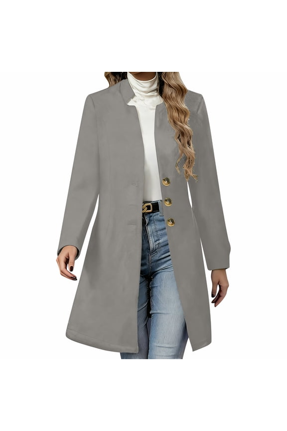 Womens Wool Coats, Single Breasted Mid-length Casual Business Woems Peacoats Gray Size L