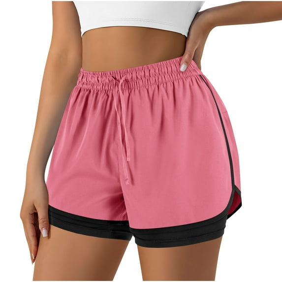 Fnooota Womens Workout Shorts with Liner, High Waisted Summer Drawstring Running Shorts Sports Shorts Hot Pink Size XL