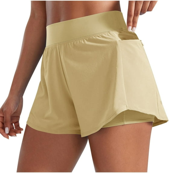 Fnooota Womens Workout Shorts with Liner, Zipper Activewear High Waisted Running Shorts Sports Shorts Beige Size M