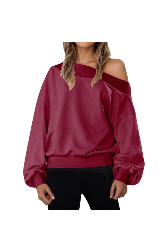 Womens Workout Sweatshirts, Loose Fit Casual Off Shoulder Pullover Athletic Tops Wine Size M