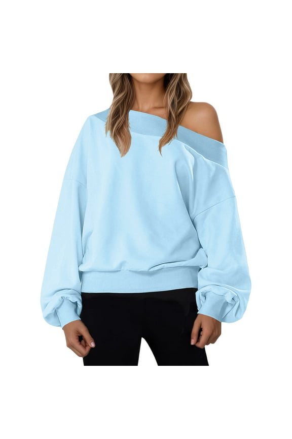 Womens Workout Sweatshirts, Pullover Loose Fit Off Shoulder Casual Athletic Tops Light Blue Size M