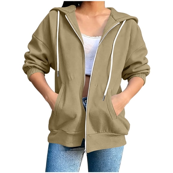 Fnooota Womens Zip up Hoodies, Casual 3/4 Sleeve Drawstring Oversized Fall Jackets Khaki Size S-2XL