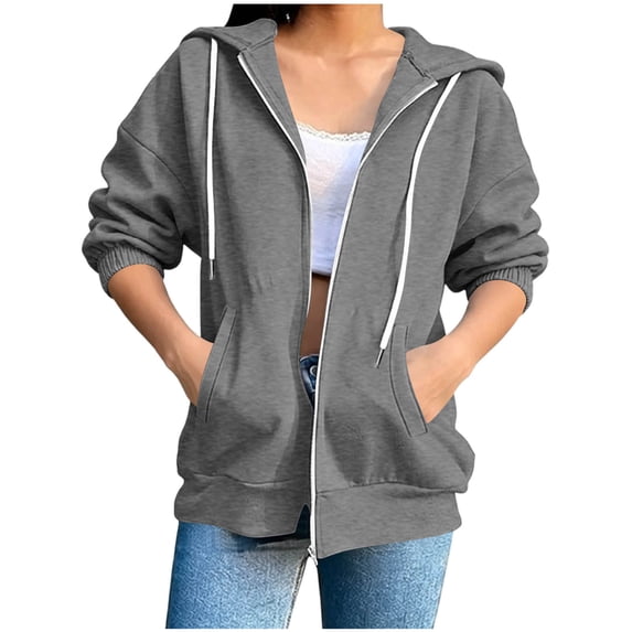 Fnooota Womens Zip up Hoodies, Casual 3/4 Sleeve Oversized Drawstring Fall Jackets Gray Size M