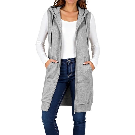 Fnooota Womens Zip up Hoodies, Casual Mid-length Lightweight Drawstring Sleeveless Jackets with Pockets Gray Size M