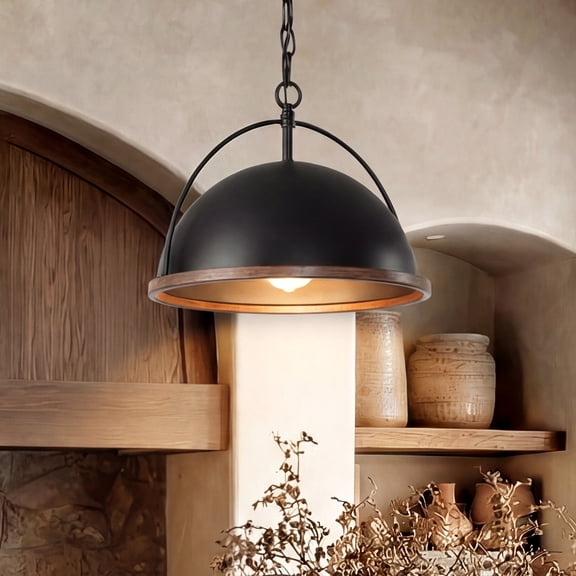 Fnova 1-Light Adjustable Dome Pendant Light with Wood Grain Trim, UL Certified Hanging Light Fixture for Kitchen Island Dining Room