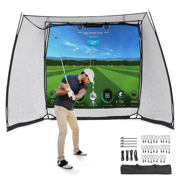 Fnova 11x8ft Golf Simulator Hitting Net with Impact Screen, Golf Net with Noise-Reducing Target Cloth, Heavy-Duty Range Cage for Swing Driving Home Backyard Garage, Golfer Gift for Men Dad Him