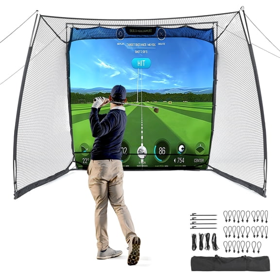 Fnova 11x8ft Golf Simulator Hitting Net with Impact Screen, Golf Net with Noise-Reducing Target Cloth, Heavy-Duty Range Cage for Swing Driving Home Backyard Garage, Golfer Gift for Men Dad Him