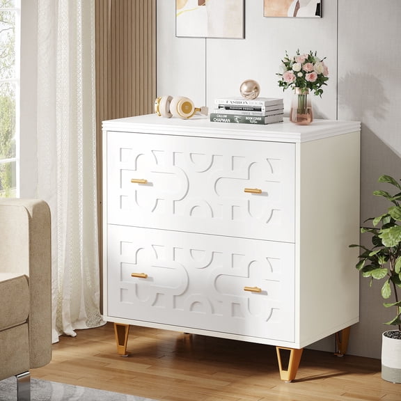 Fnova 2-Drawer Cabinet, Bedside Table with Quiet Gliding Rails & Gold Handles, Storage End Table for Bedroom, Kitchen, Dining Room, Living Room, Easy Assembly