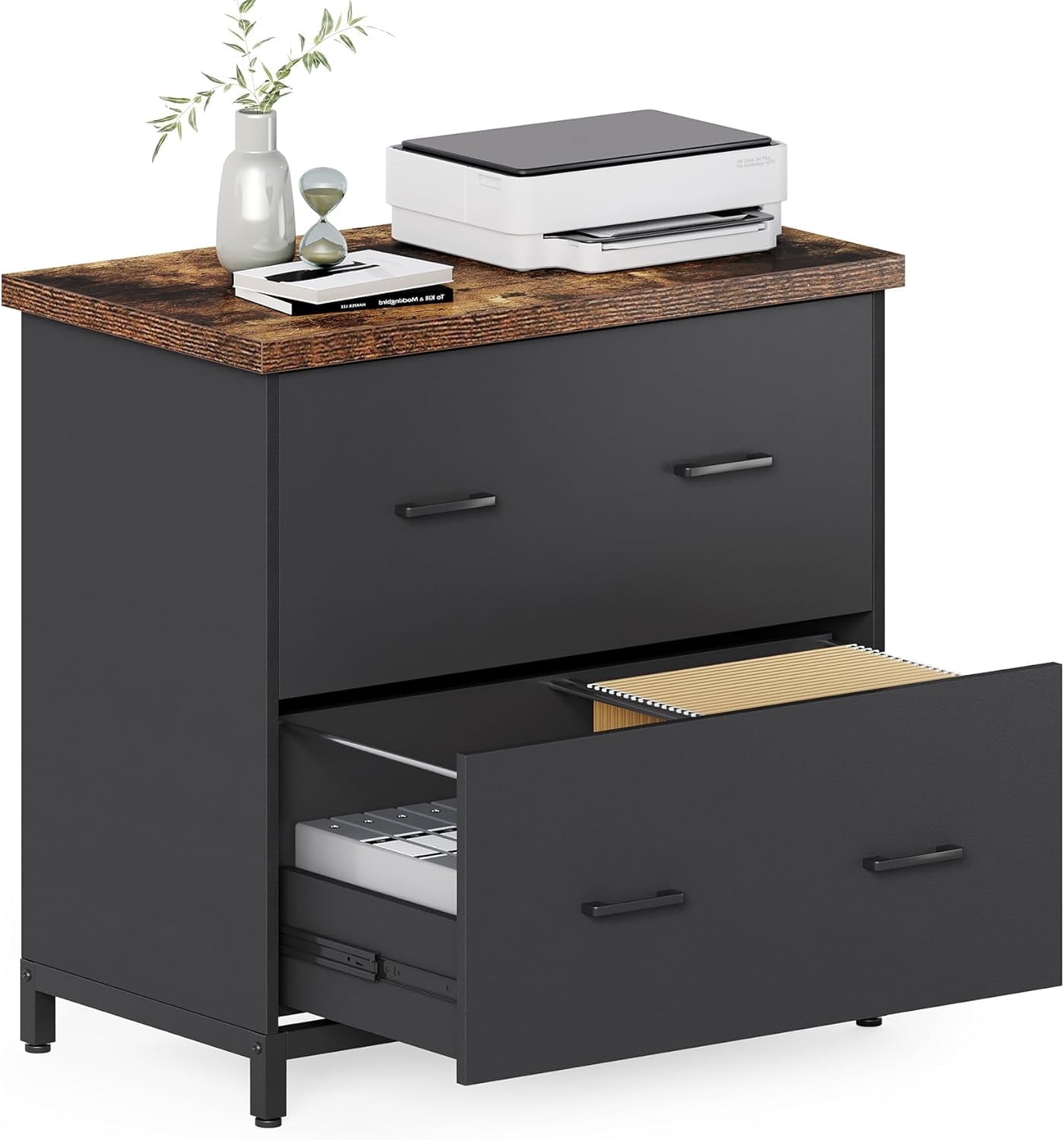 Fnova 2 Drawer Lateral File Cabinet, Filing Cabinet with Hanging Rods for Legal/Letter/A4 Folders, Modern Office Storage Organizer with Printer Stand, Home Office Furniture