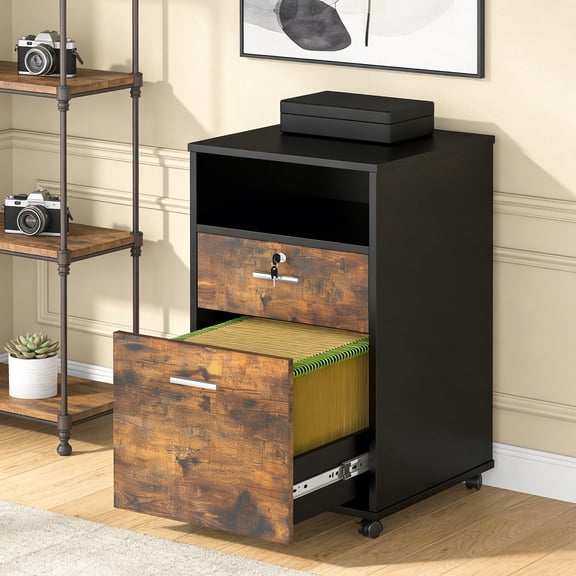Fnova 2-Drawer Mobile File Cabinet with Rollers, Wood Modern Filing Cabinet with Lock and Key for Letter Size, Caninet with Open Shelf for Home Office, Brown