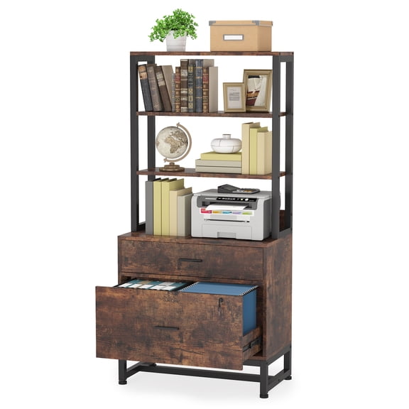 Fnova 2-Drawer Vertical File Cabinet with 3-Tier Open Shelves, 61" Tall Locking Filing Cabinet Printer Stand for Home Office