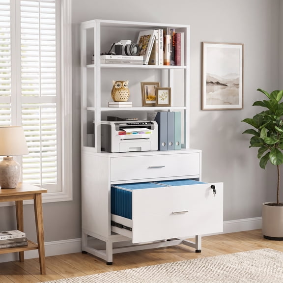 Fnova 2-Drawer Vertical File Cabinet with 3-Tier Open Shelves, 61" Tall Locking Filing Cabinet Printer Stand for Home Office