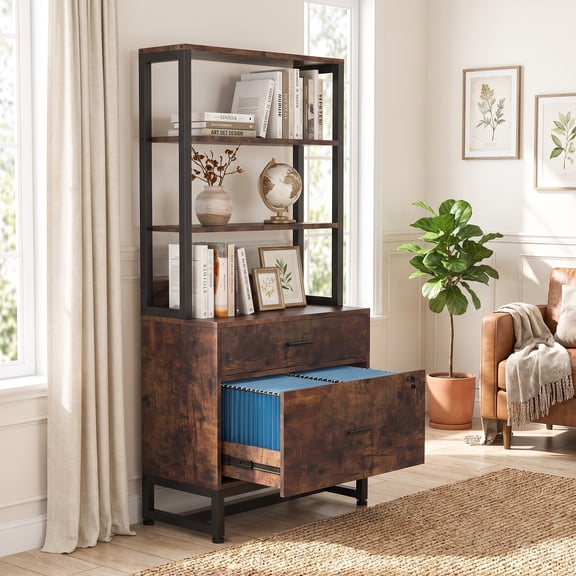Fnova 2-Drawer Vertical File Cabinet with 3-Tier Open Shelves, 61" Tall Locking Filing Cabinet Printer Stand for Home Office
