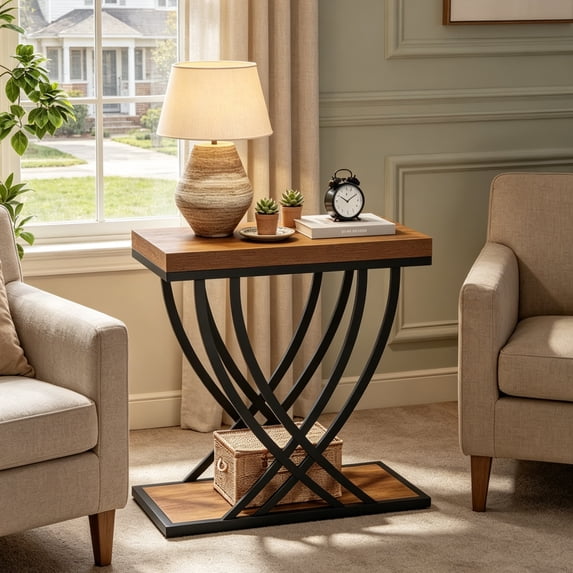 Fnova 2-Tier End Table, Narrow Wood Side Table, Industrial Accent Table Nightstand with Metal Frame, Easy Assembly, for Living Room, Bedroom, Entryway, Small Space