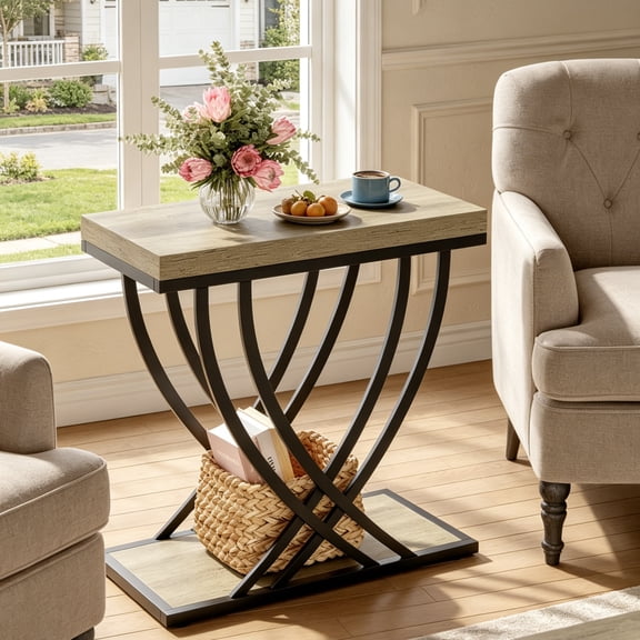 Fnova 2-Tier End Table, Narrow Wood Side Table, Industrial Accent Table Nightstand with Metal Frame, Easy Assembly, for Living Room, Bedroom, Entryway, Small Space