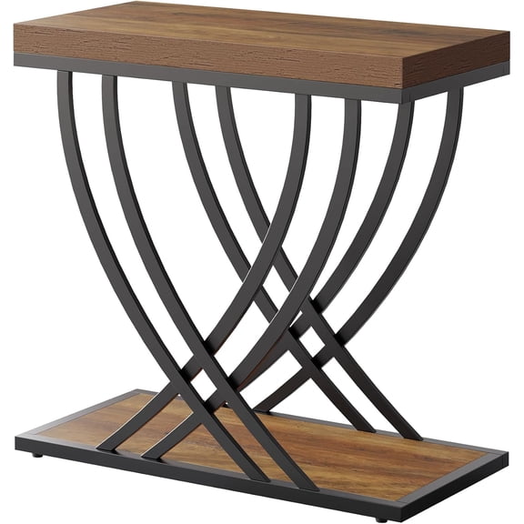 Fnova 2-Tier End Table, Narrow Wood Side Table, Industrial Accent Table Nightstand with Metal Frame, Easy Assembly, for Living Room, Bedroom, Entryway, Small Space