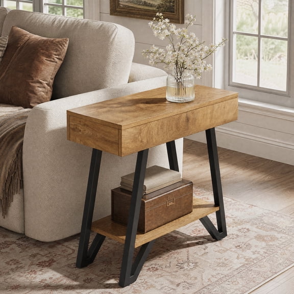 Fnova 2-Tier End Table with Metal Frame, Narrow Couch Side Table with Storage Shelves for Bedroom, Small Spaces, Natural