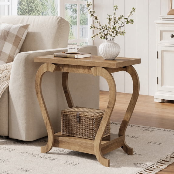Fnova 2-Tier End Table with Storage, Farmhouse Wooden Side Table for Living Room, Small Spaces, Light Brown