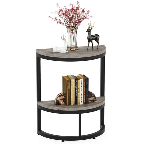 Fnova 2-Tier Half Moon End Table, Modern Wooden Narrow Sofa Side Table, Slim Accent Table Nightstand with Storage Shelf, Easy Assembly, for Living Room, Bedroom, Entryway, Small Space
