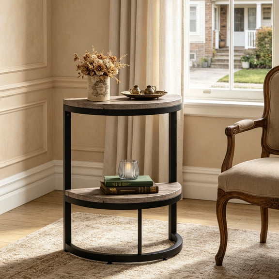 Fnova 2-Tier Half Moon End Table, Modern Wooden Narrow Sofa Side Table, Slim Accent Table Nightstand with Storage Shelf, Easy Assembly, for Living Room, Bedroom, Entryway, Small Space