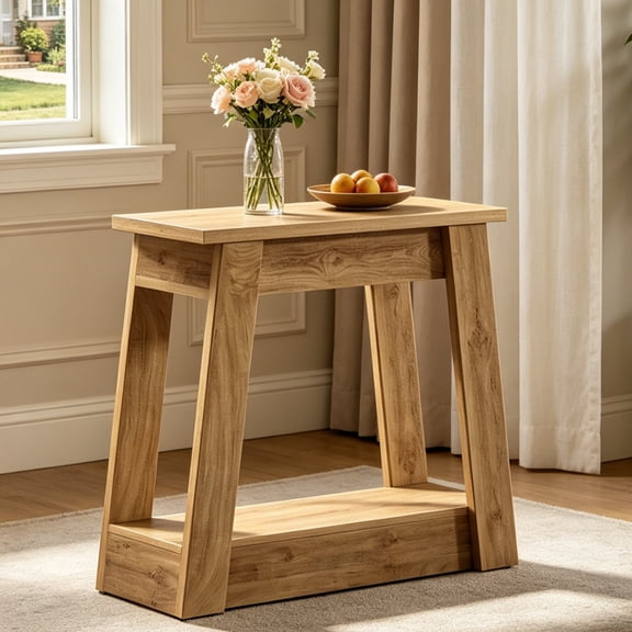 Fnova 2-Tier Narrow End Table, Wood Side Table with Open Storage Shelf, Accent Table Nightstand, Easy Assembly, for Living Room, Bedroom, Entryway, Small Space
