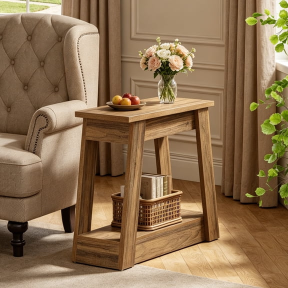 Fnova 2-Tier Narrow End Table, Wood Side Table with Open Storage Shelf, Accent Table Nightstand, Easy Assembly, for Living Room, Bedroom, Entryway, Small Space