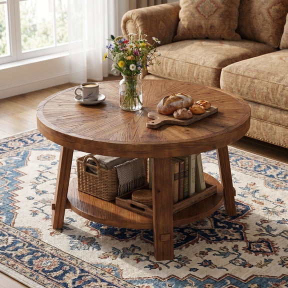 Fnova 2-Tier Round Coffee Table, Farmhouse Solid Wood Coffee Table with Storage for Living Room, Easy Assembly, Rustic Brown