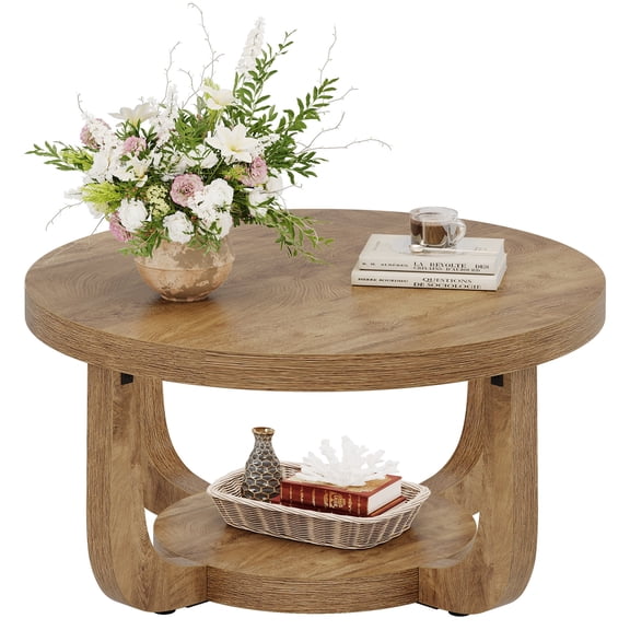 Fnova 2-Tier Round Coffee Table with Storage Shelf, Modern Wooden Circle Center Table, Accent Cocktail Table for Living Room, Lounge, Bedroom, Light Brown