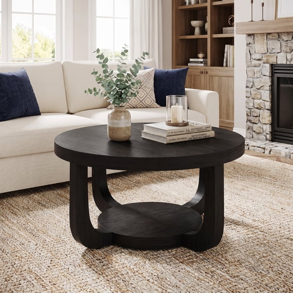 Fnova 2-Tier Round Coffee Table with Storage Shelf, Modern Wooden Circle Center Table, Accent Cocktail Table for Living Room, Lounge, Bedroom, Black