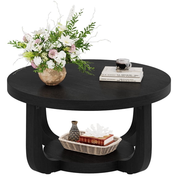 Fnova 2-Tier Round Coffee Table with Storage Shelf, Modern Wooden Circle Center Table, Accent Cocktail Table for Living Room, Lounge, Bedroom, Black