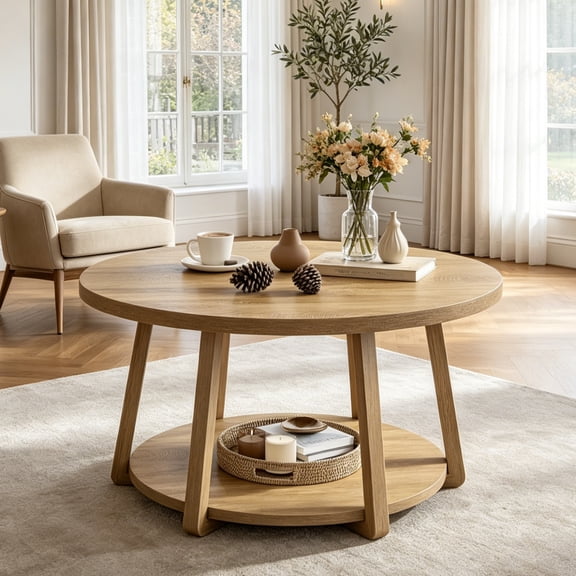 Fnova 2-Tier Round Coffee Table with Storage & Wood Legs, 31.5 Inch Mid-Century Center Table, Accent Cocktail Table for Living Room, Bedroom, Office